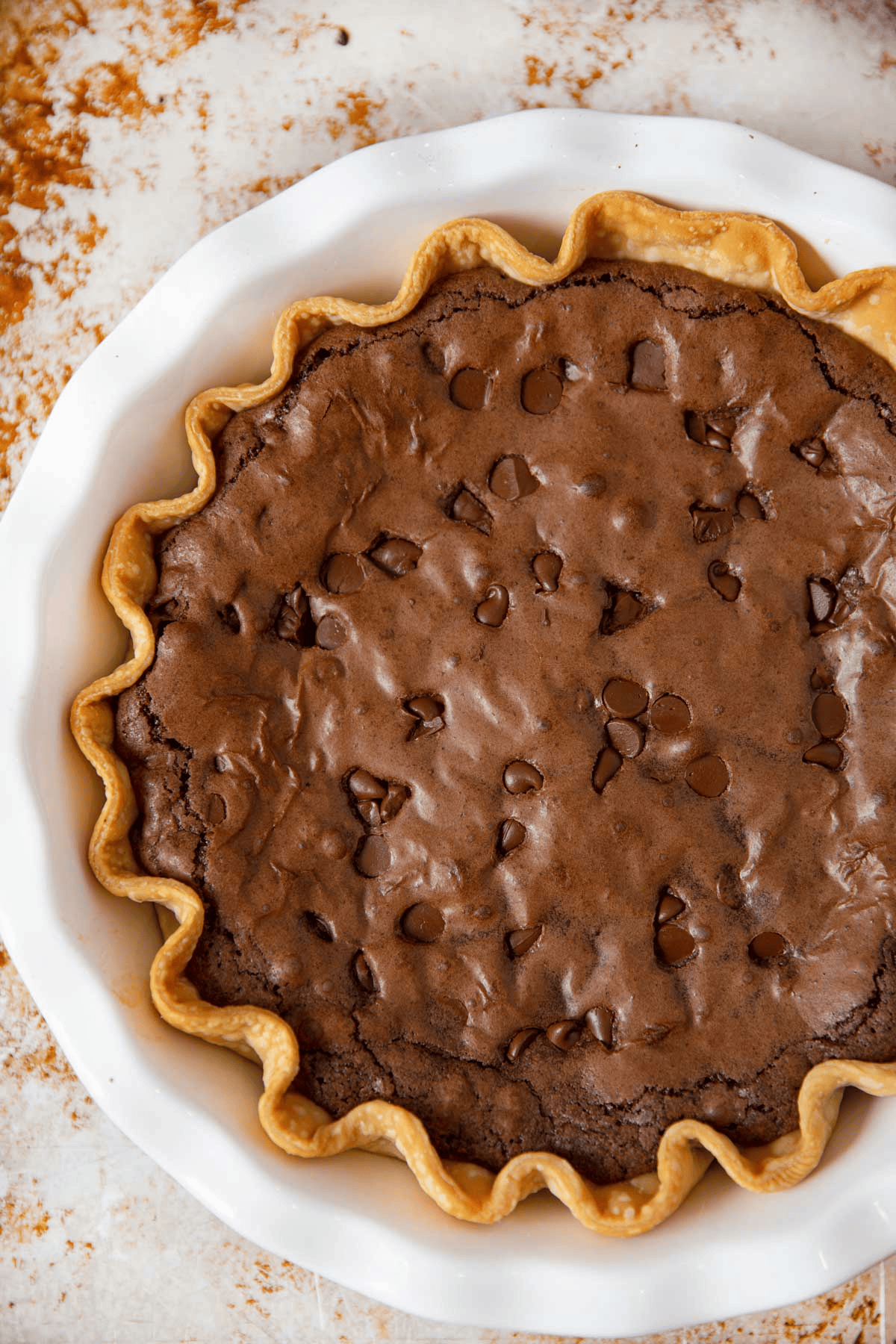 Baked chocolate pie from above