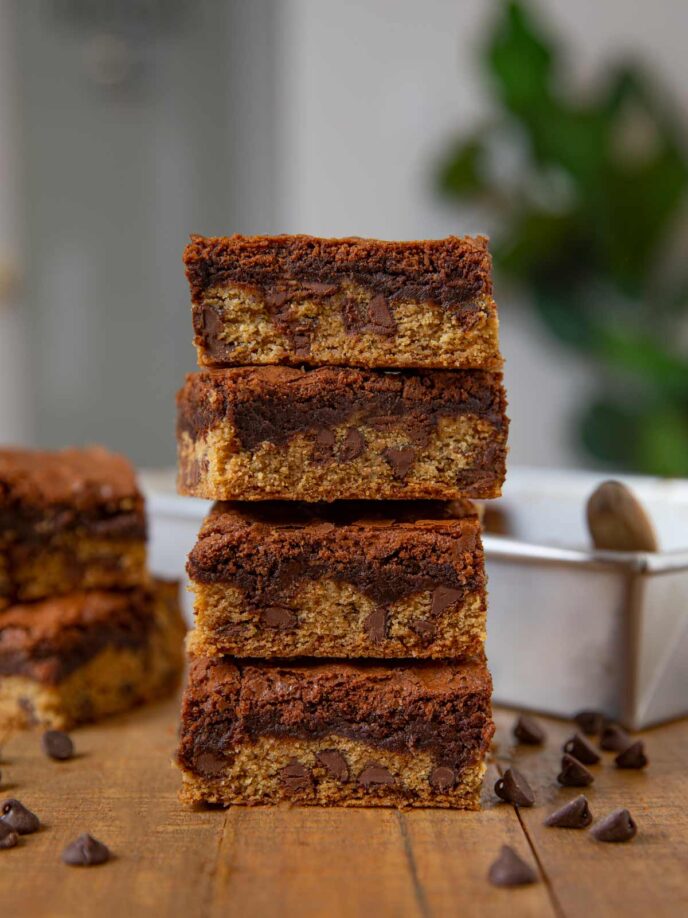 Chocolate Chip Cookie Brownies (Brookies) in stack