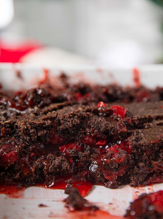 Cherry Chocolate Dump Cake in baking dish