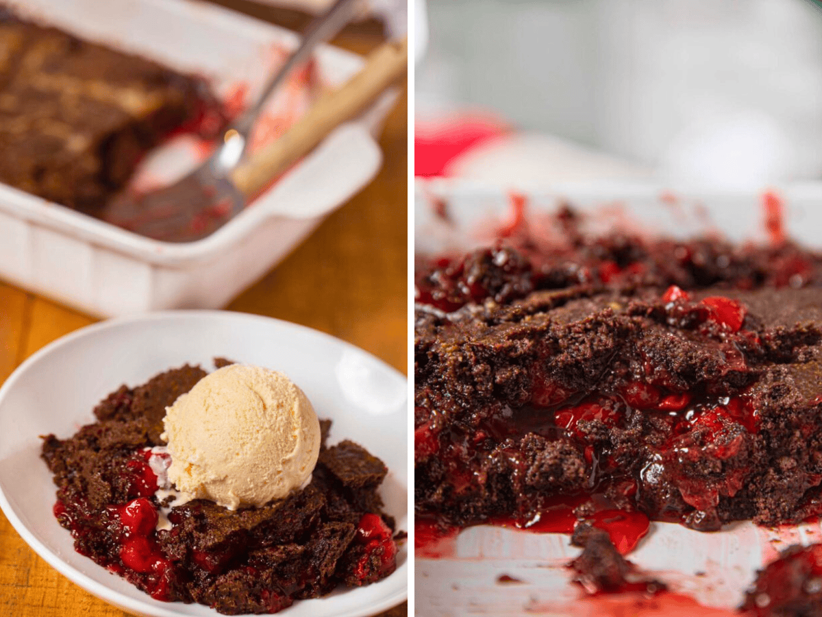 Collage of chocolate cake with ice cream and cake in a pan