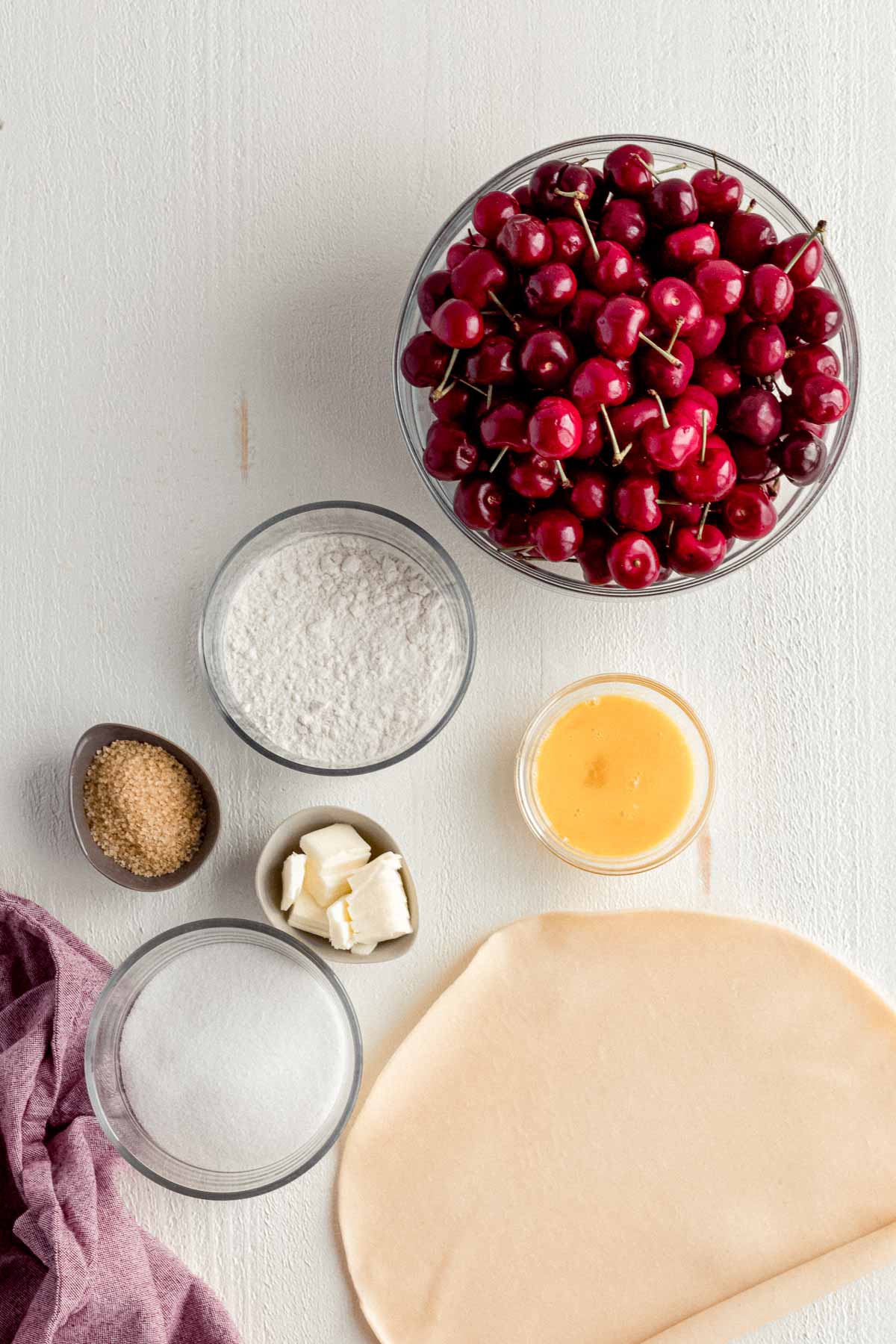 Cherry Pie ingredients in prep bowls