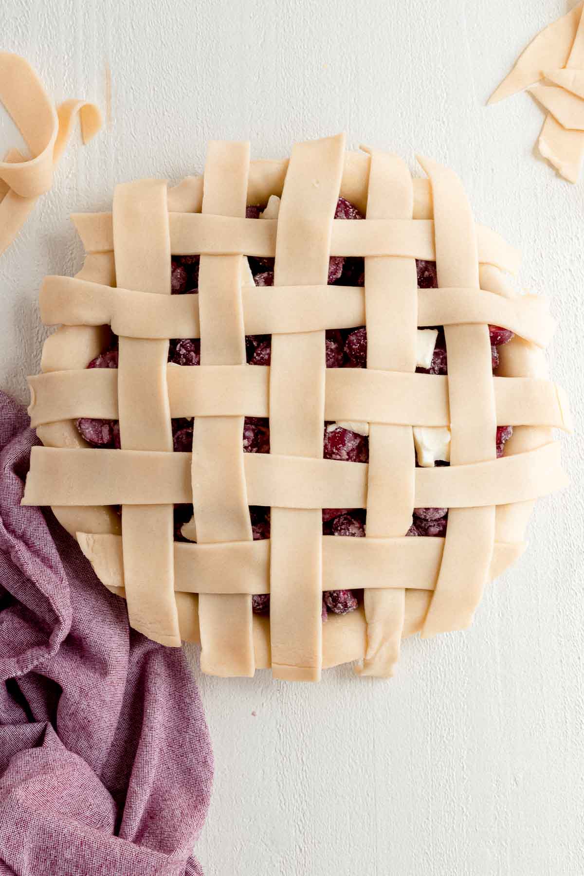 Cherry Pie with lattice crust before baking