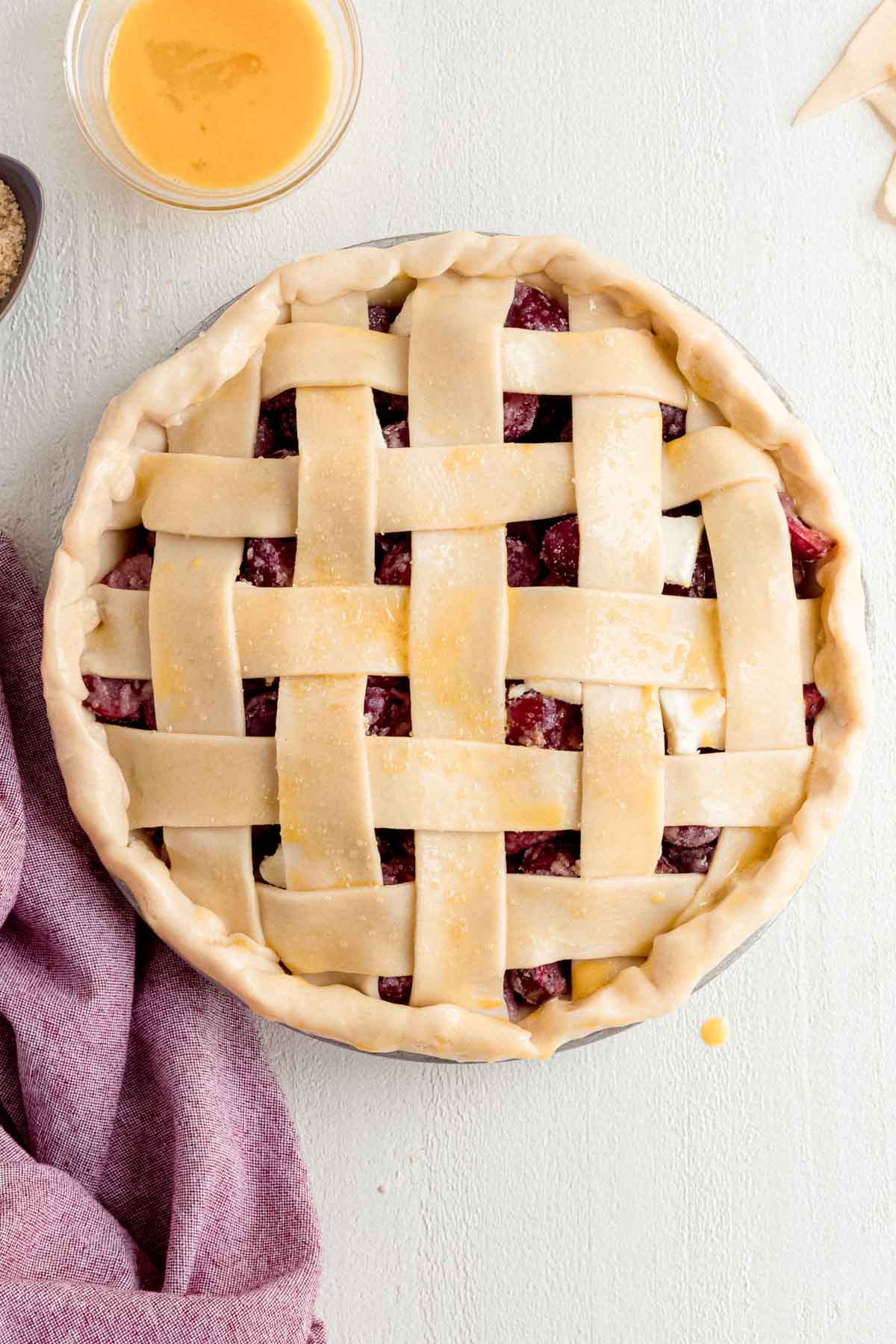 Cherry Pie with lattice crust before baking