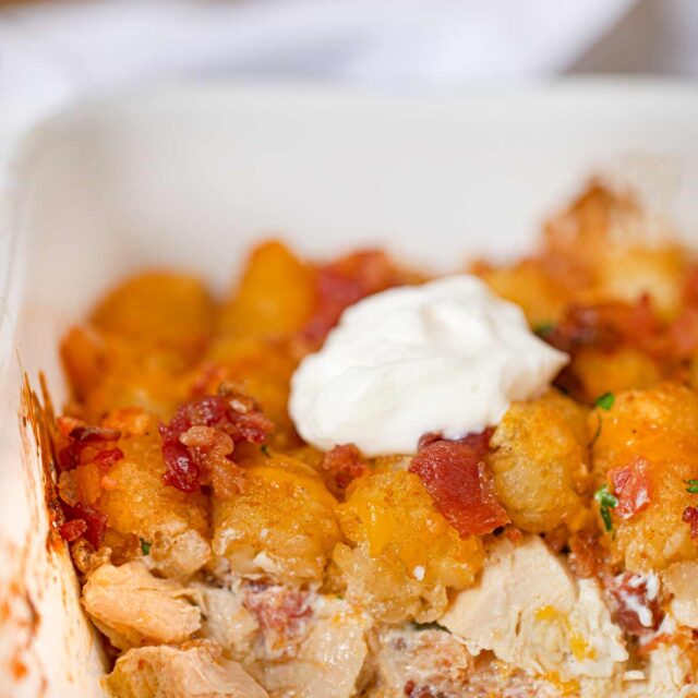 Chicken Bacon Ranch Tater Tot Casserole cross-section in baking dish