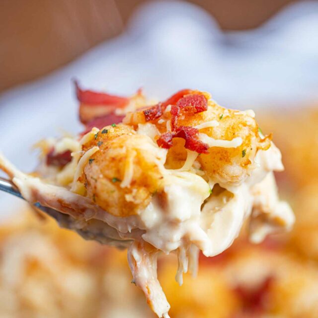 Chicken Bacon Ranch Tater Tot Casserole scoop on spoon