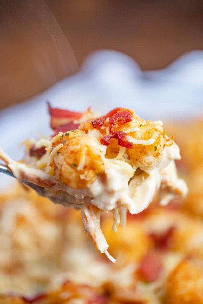 Chicken Bacon Ranch Tater Tot Casserole scoop on spoon