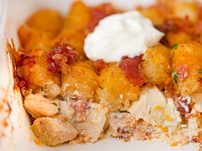 Chicken Bacon Ranch Tater Tot Casserole cross-section in baking dish