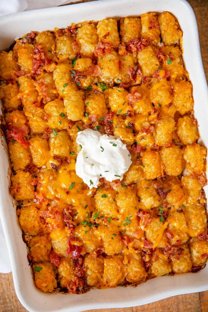 Chicken Bacon Ranch Tater Tot Casserole top-down in baking dish