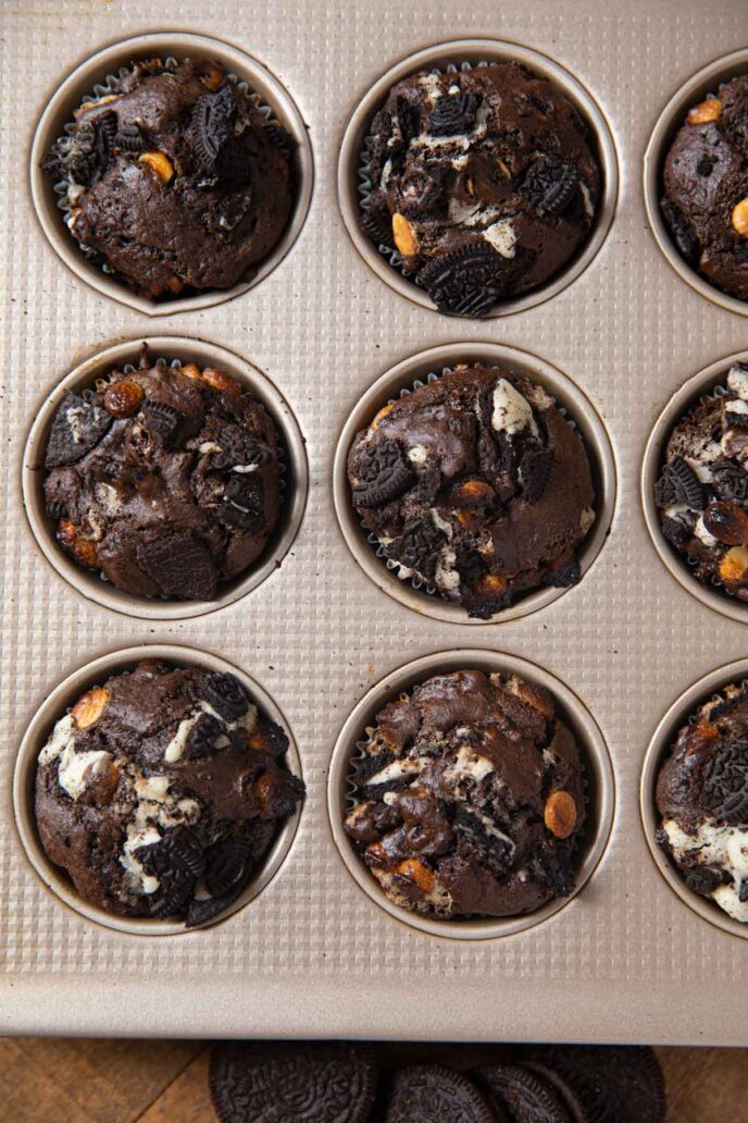Chocolate Oreo Muffins in muffin tin