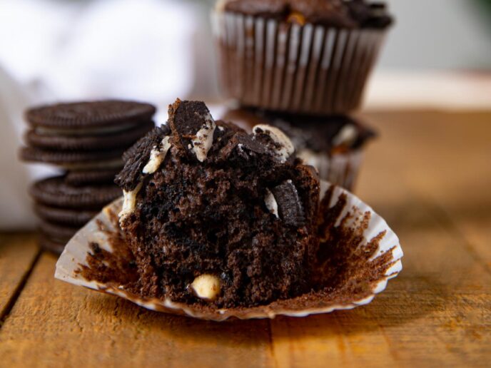 Chocolate Oreo Muffins cut in half