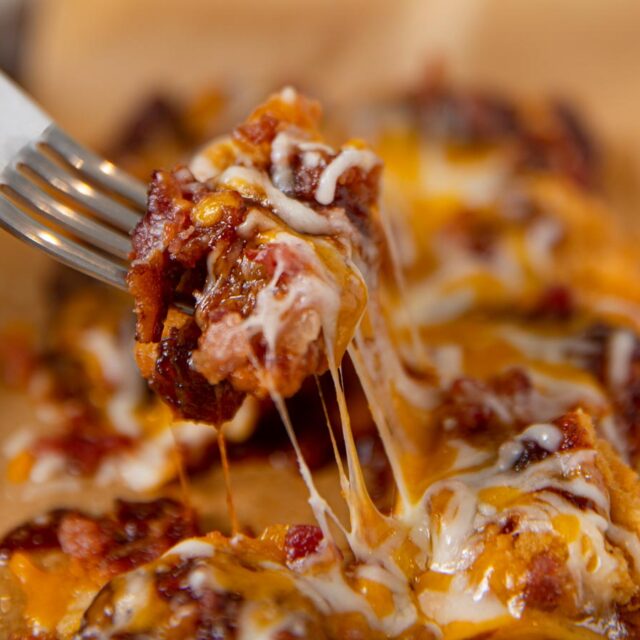 cheesy chicken bite on a fork 4x3