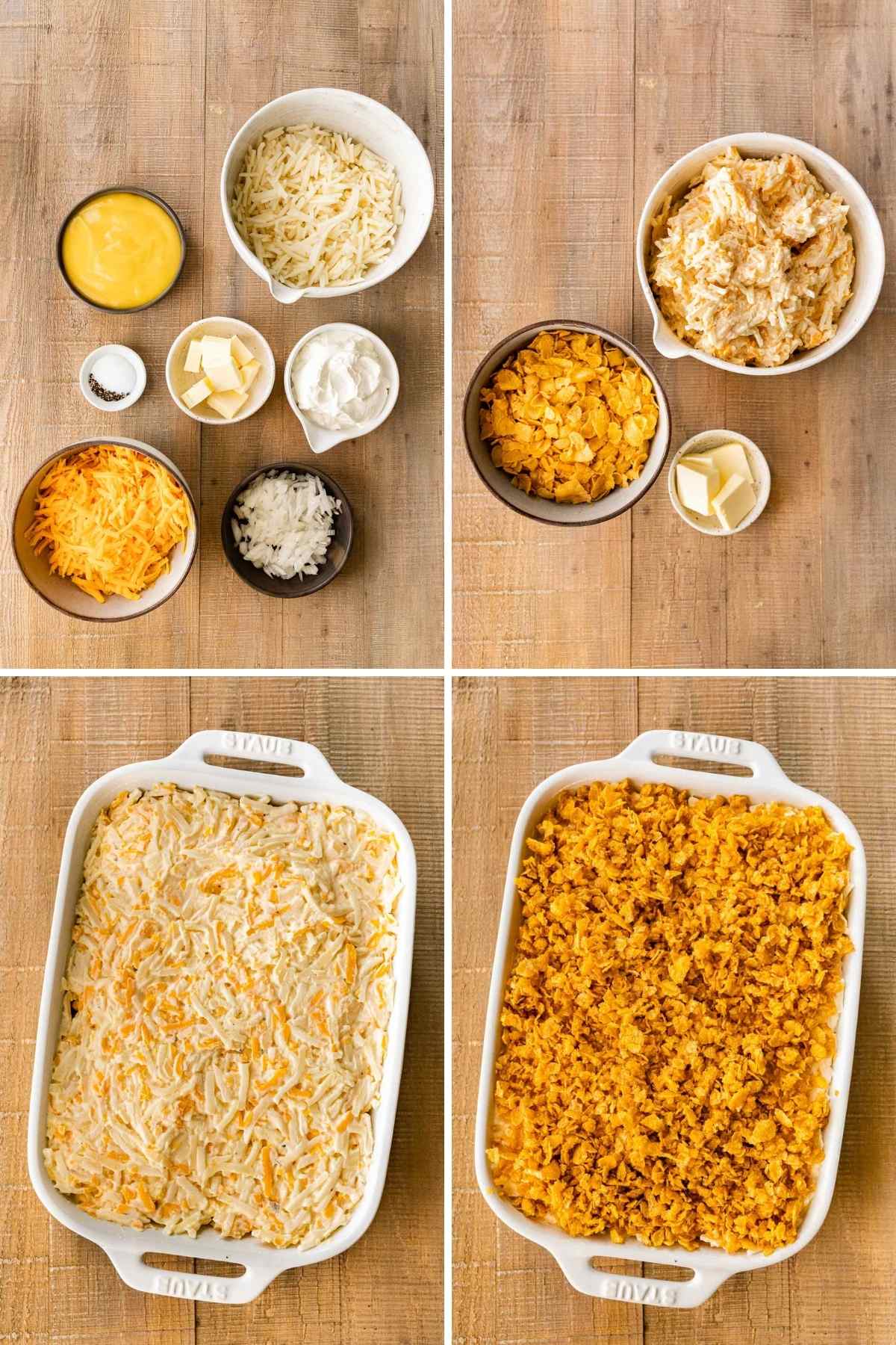 Funeral Potatoes collage of prep steps