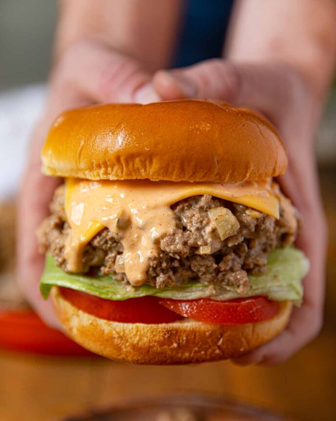 In N Out Cheeseburger Sloppy Joes sandwich held in hands