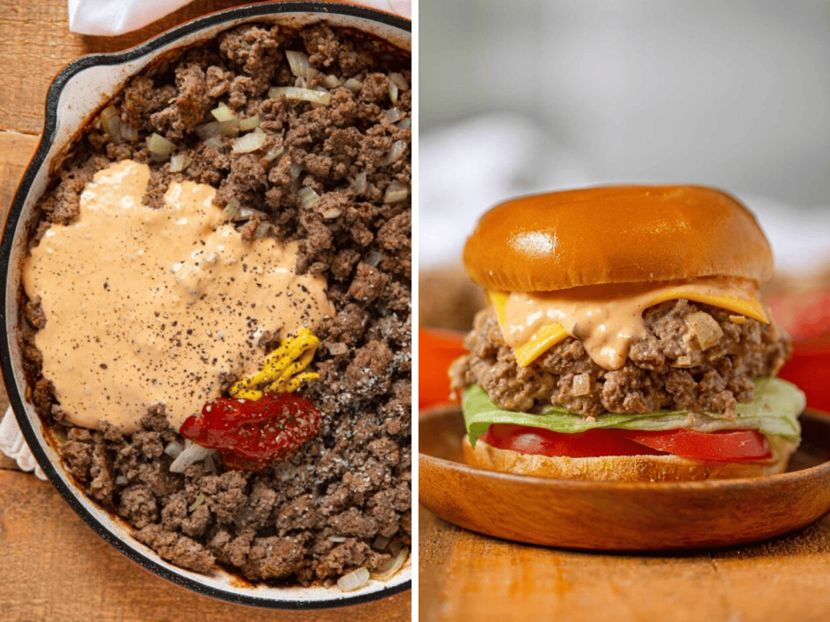 collage of ground beef and other ingredients being added and sandwich on right 