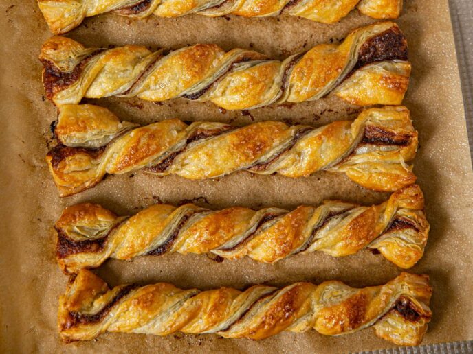 Nutella Pastry Twists on baking sheet