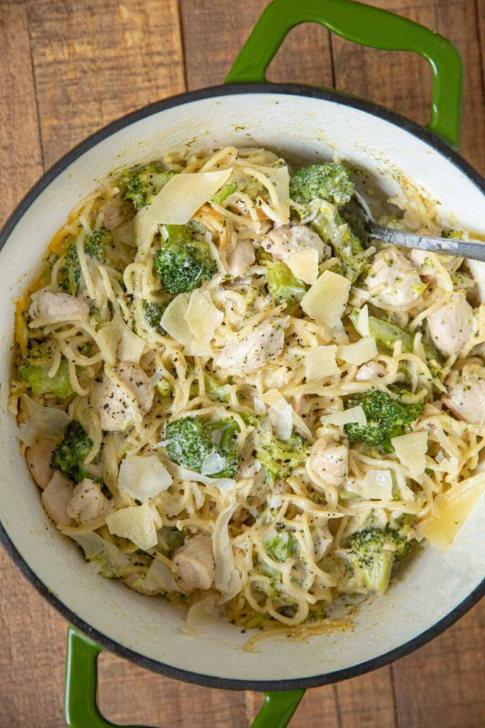 Chicken Caesar One Pot Pasta in green pot