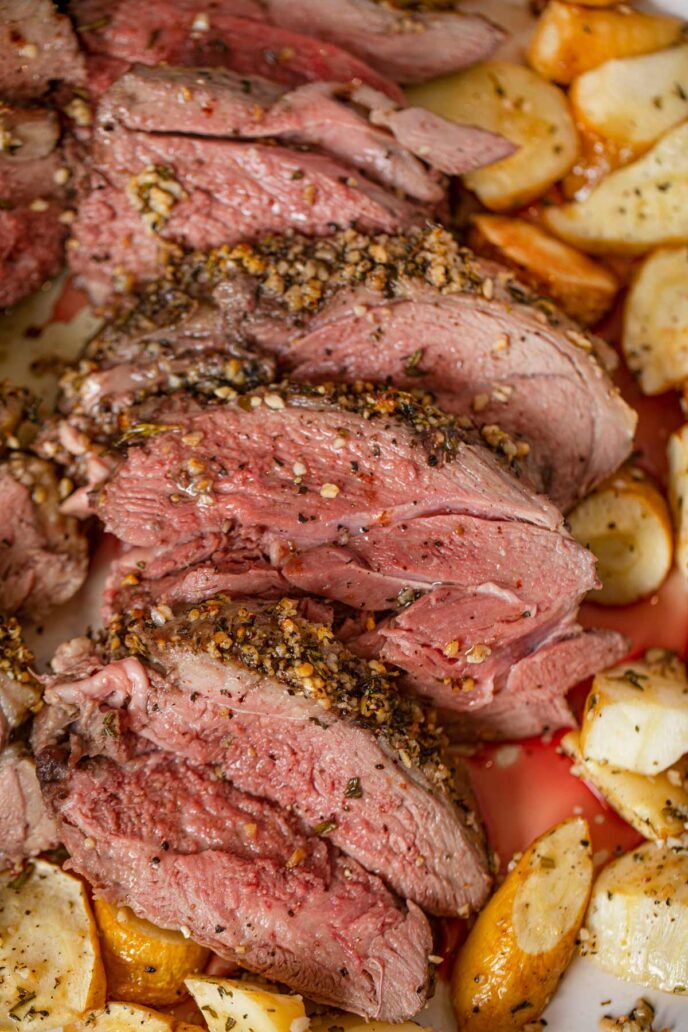 Roast Leg of Lamb on plate with potatoes