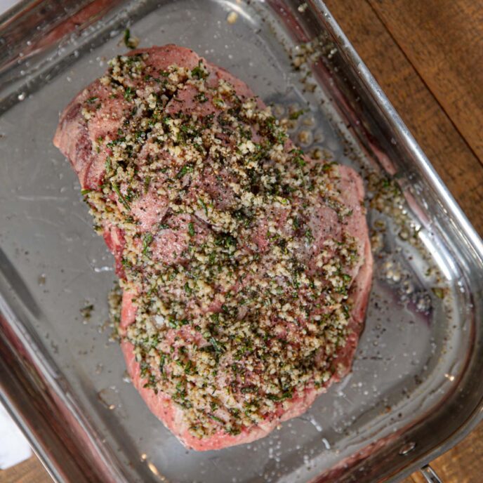 Roast Leg of Lamb raw in roasting pan