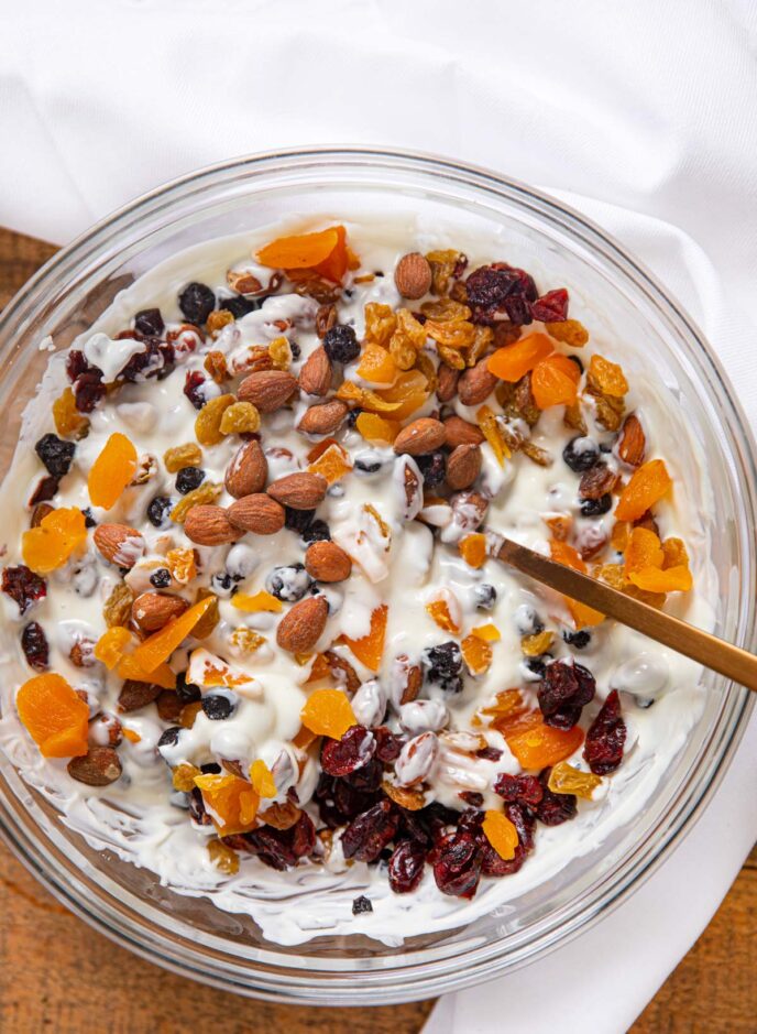 White Chocolate Nut and Fruit Clusters ingredients in bowl