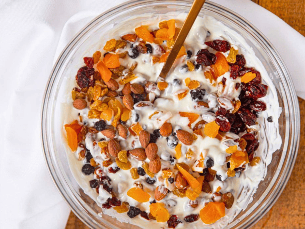 Chocolate, Fruit, and Nuts in mixing bowl