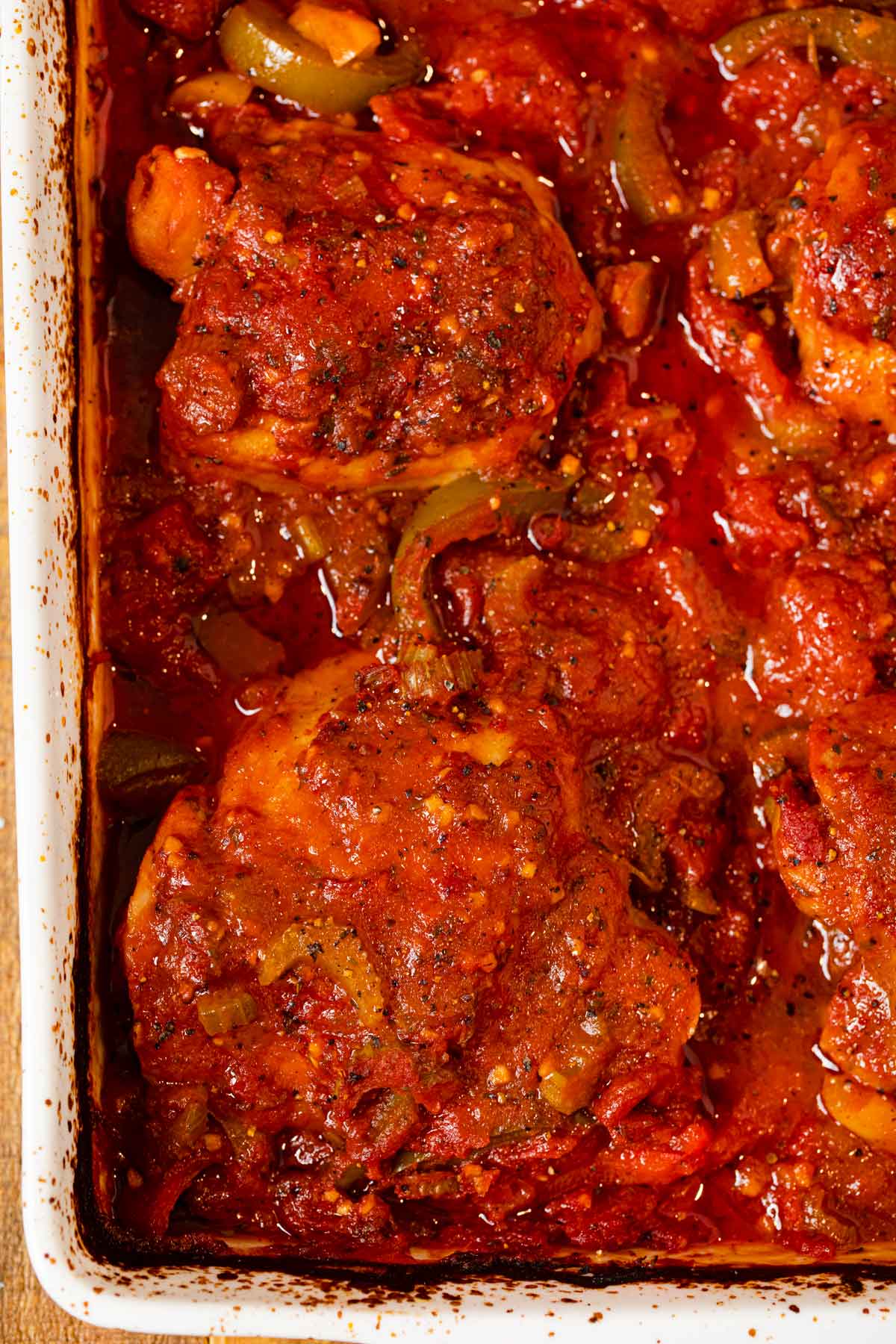 Oven Roasted Chicken Cacciatore in baking dish