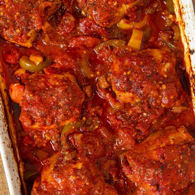Baked Chicken Cacciatore top-down view in baking dish