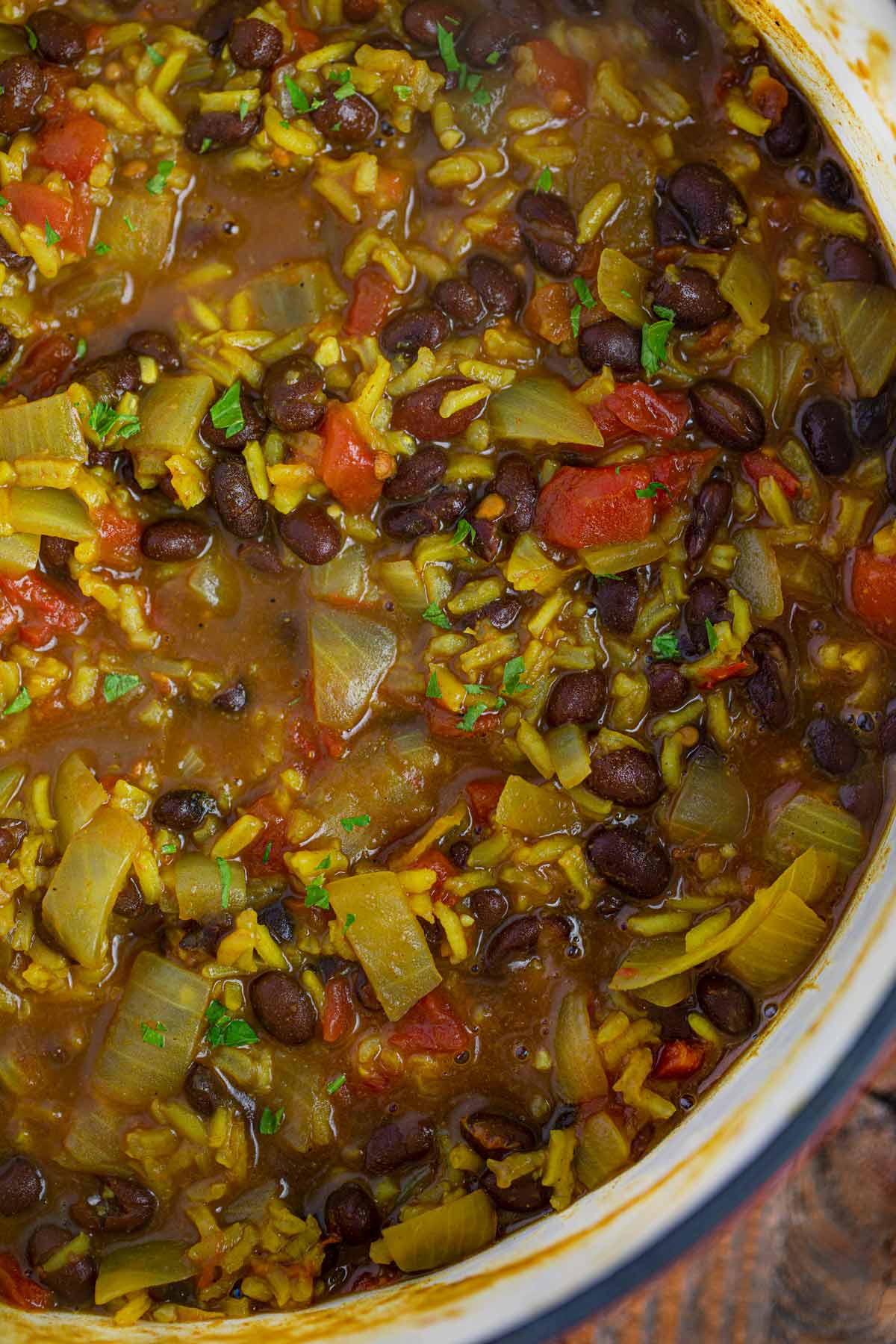 Black Beans and Rice cooking in pot