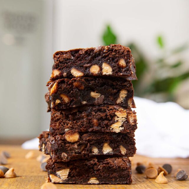 Chocolate Peanut Butter Chip Brownies in stack