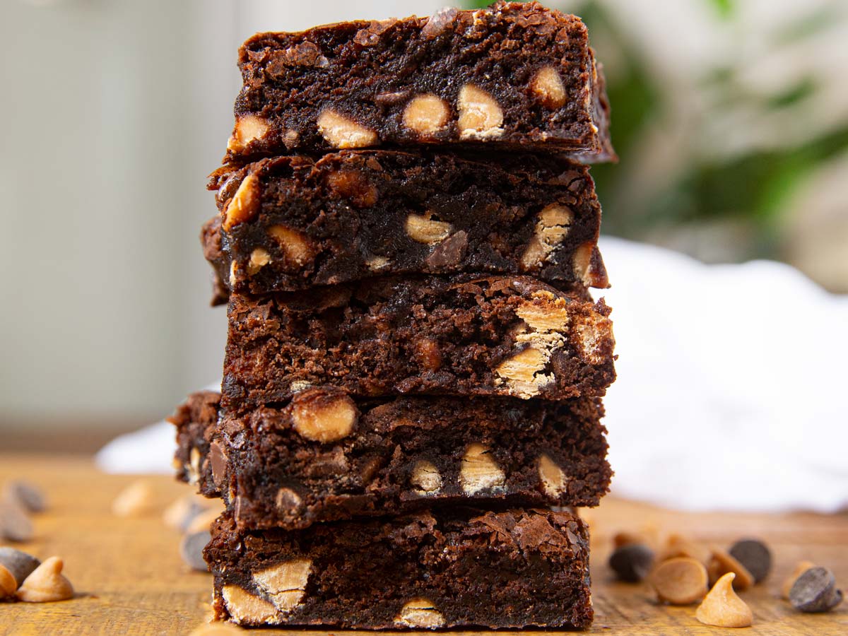 Chocolate Peanut Butter Chip Brownies in stack