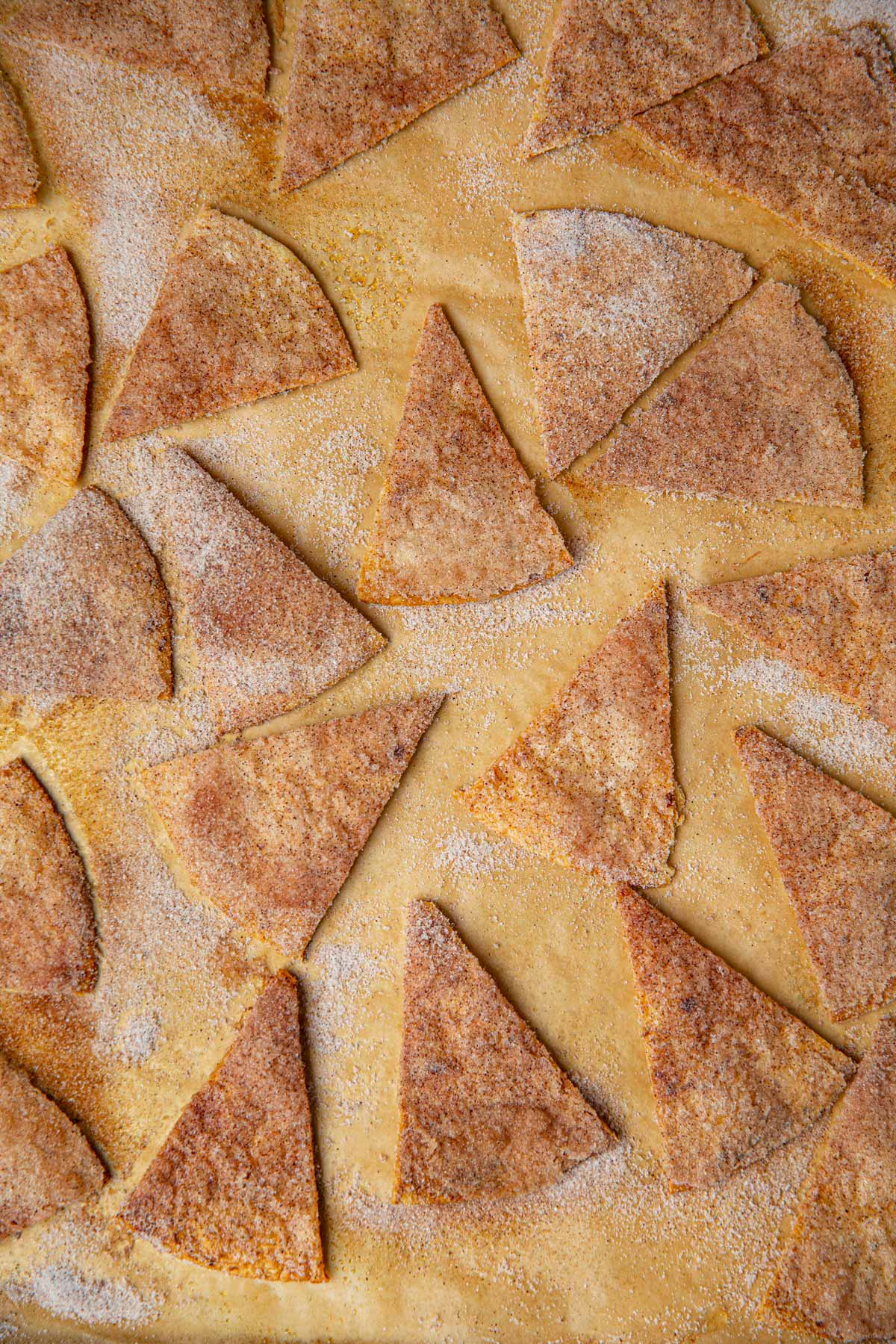 Cinnamon Sugar Tortilla Chips on baking sheet