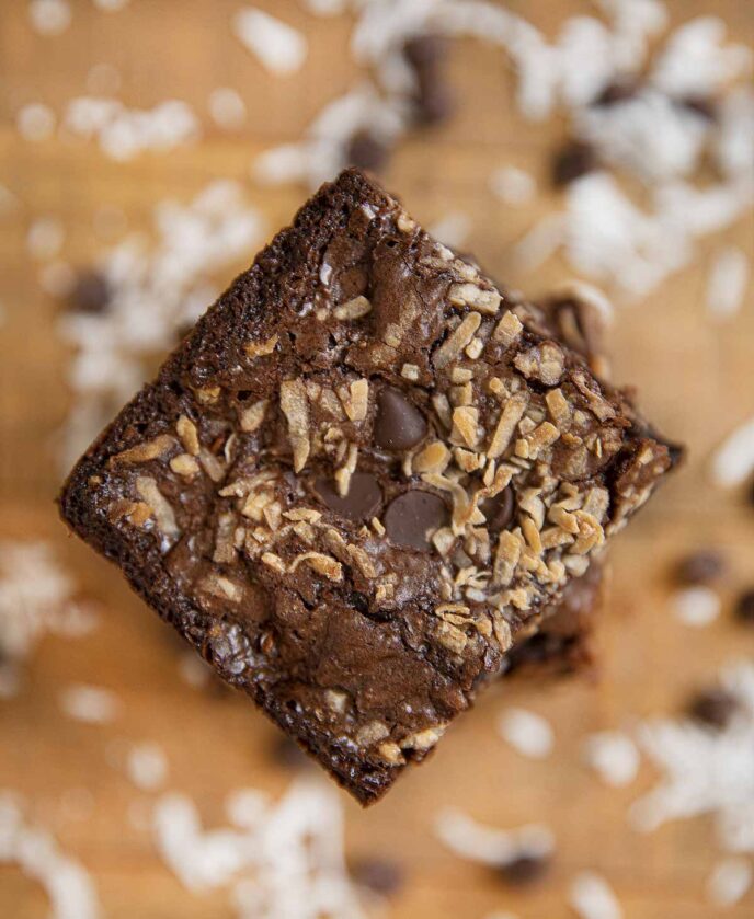 Coconut Brownies top down on cutting board