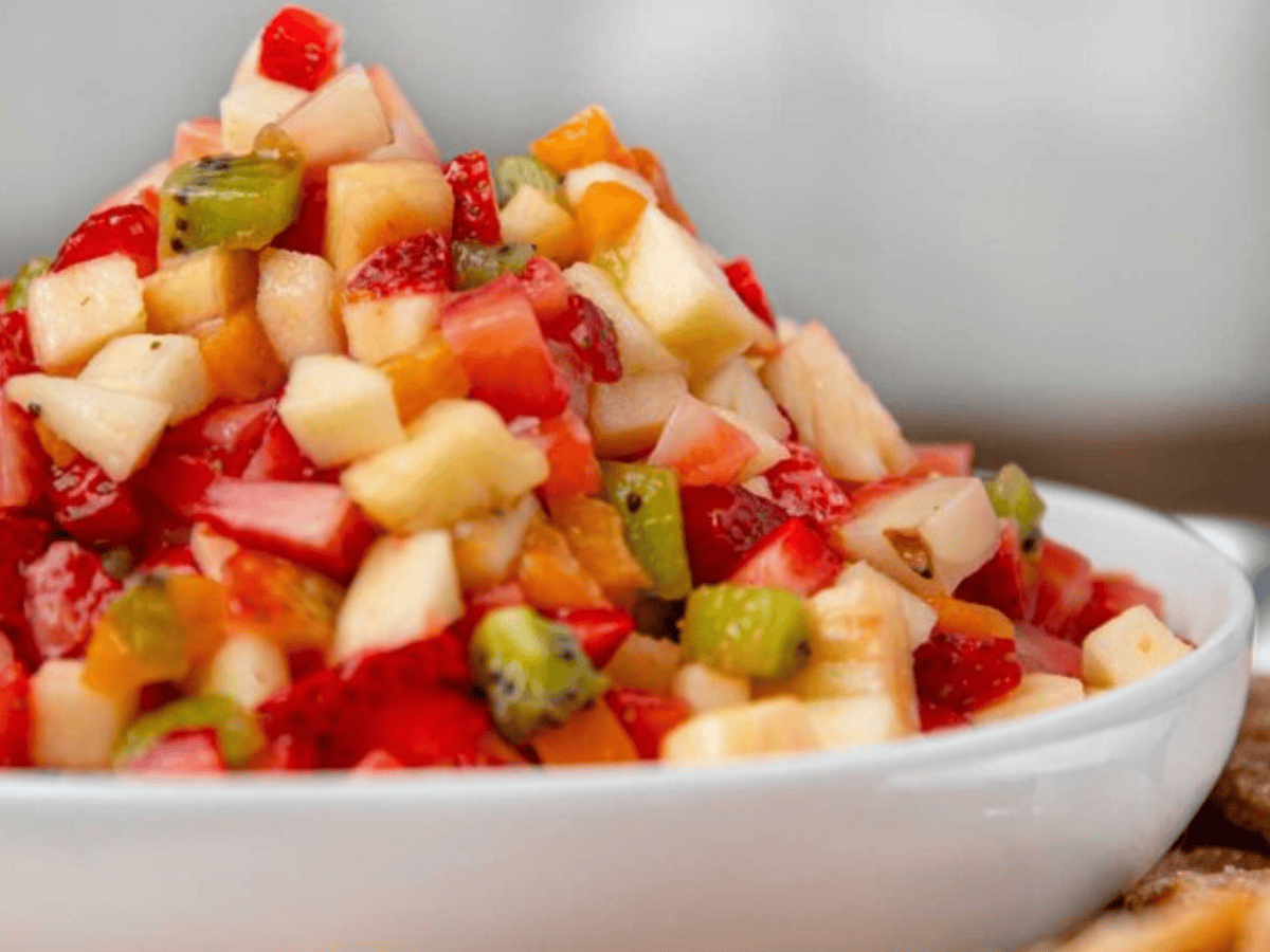 Close up of salsa served in white bowl