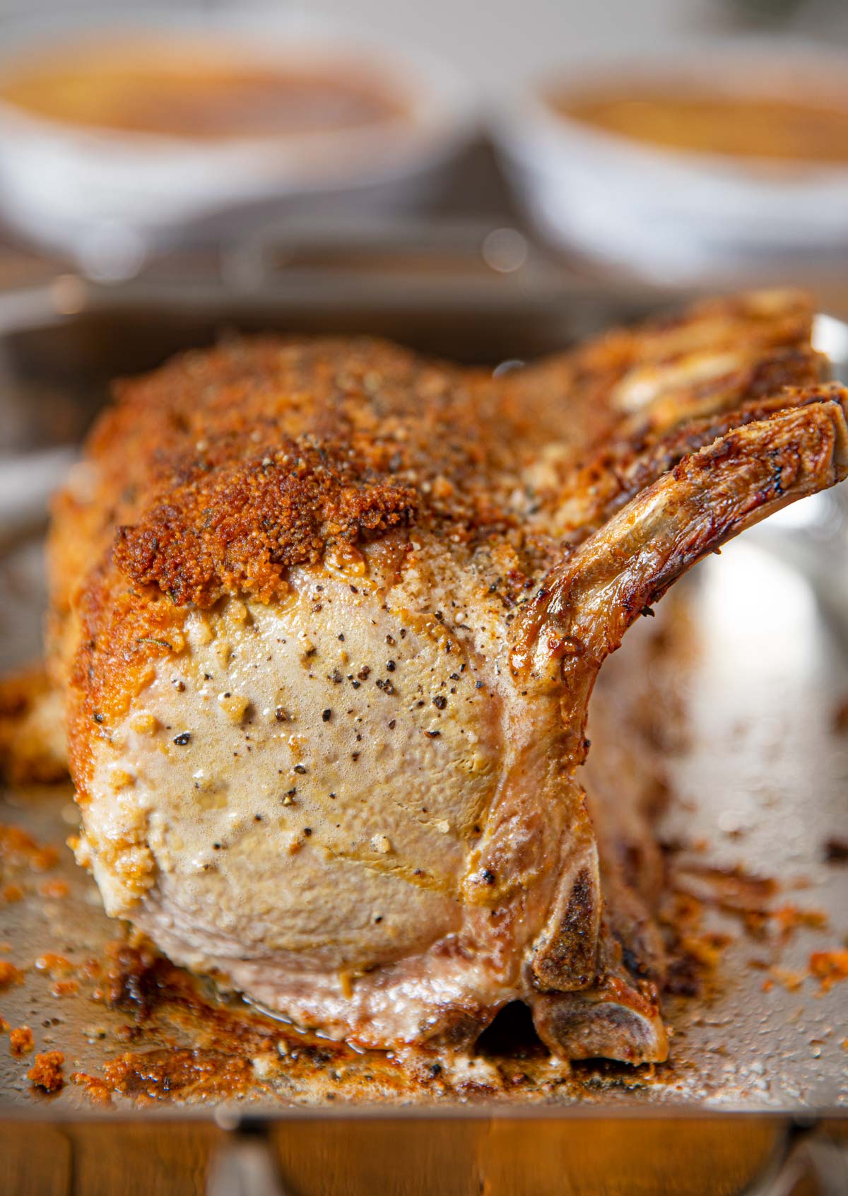 Herb Crusted Pork Rib Roast in roasting pan