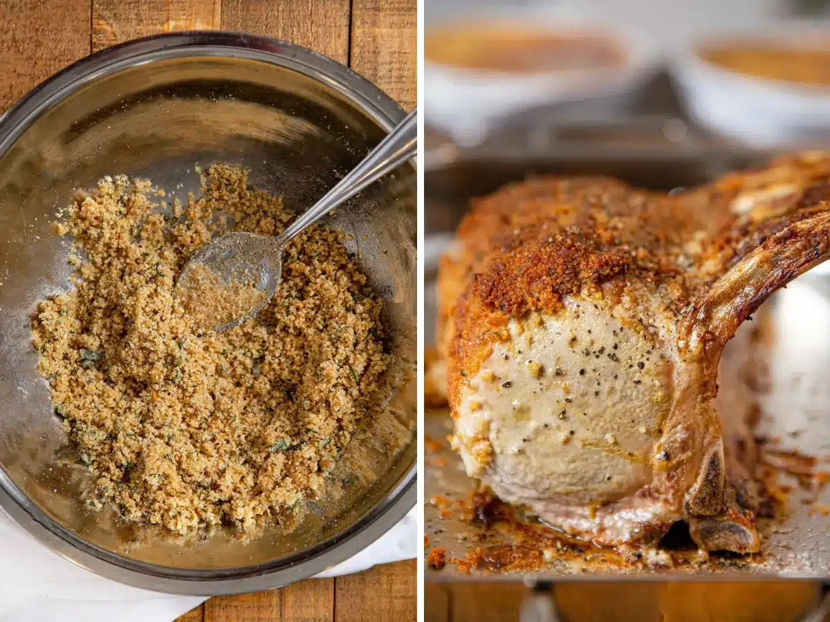 Collage of herb crusting and finished pork 