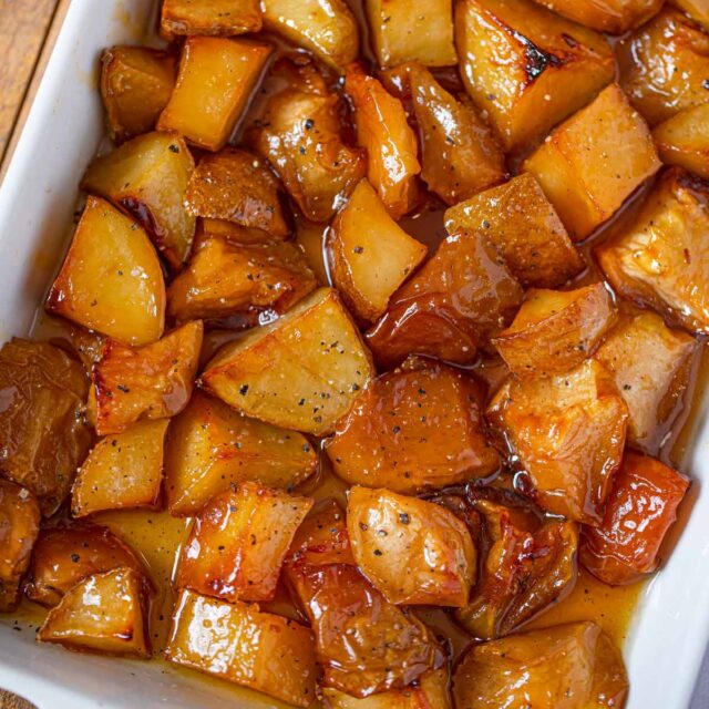 Honey Roasted Apples and Potatoes in baking dish