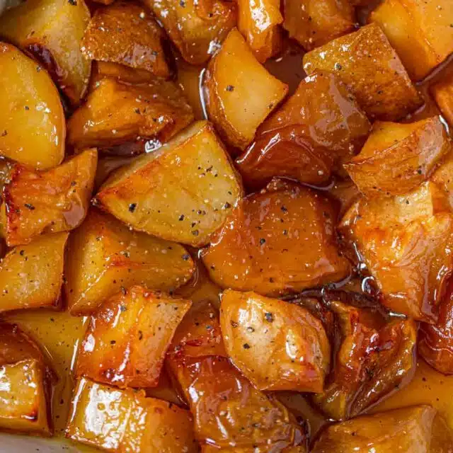 Zoomed in view of browned cubes of vegetables and fruit in a baking dish