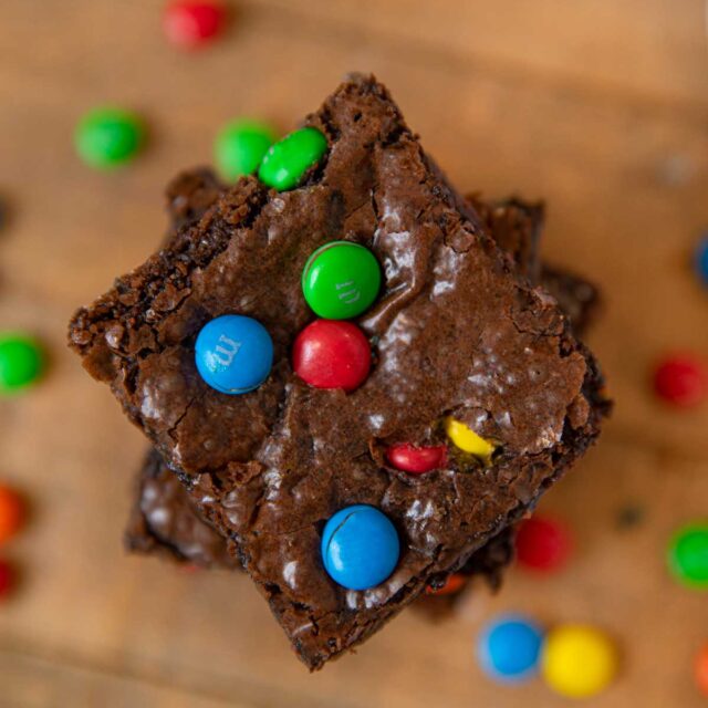 M&M Brownies in stack, top-down view