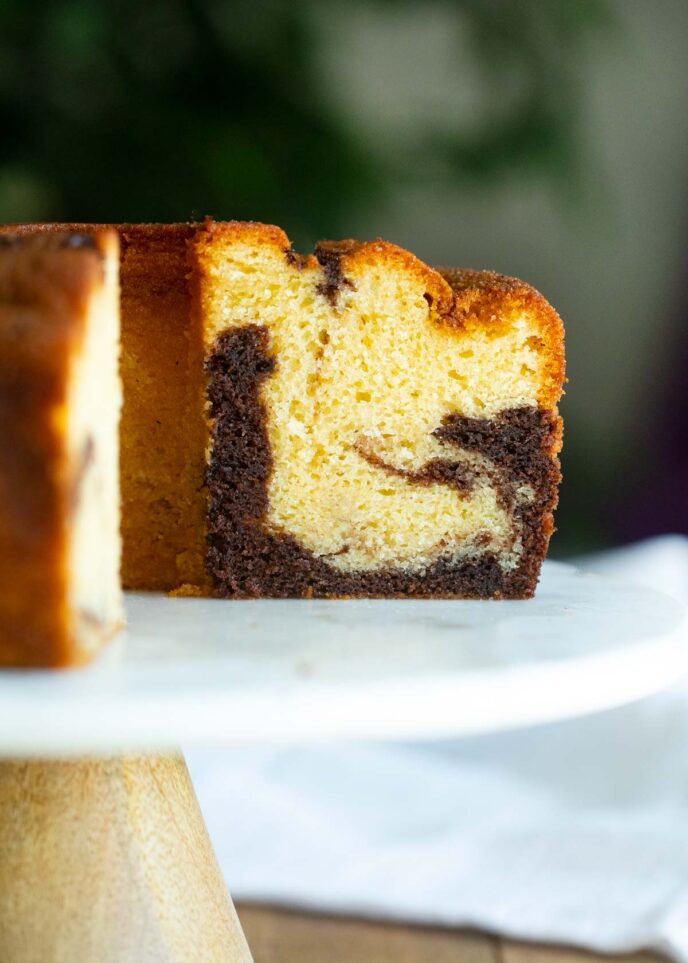 Marble Bundt Cake on marble cake stand