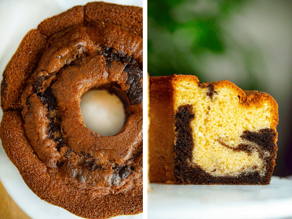 collage of top of cake and cut cake