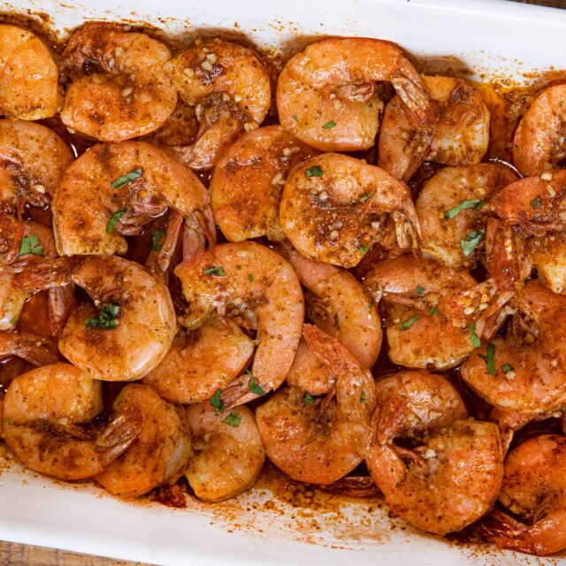 Aerial view of shrimp in baking dish