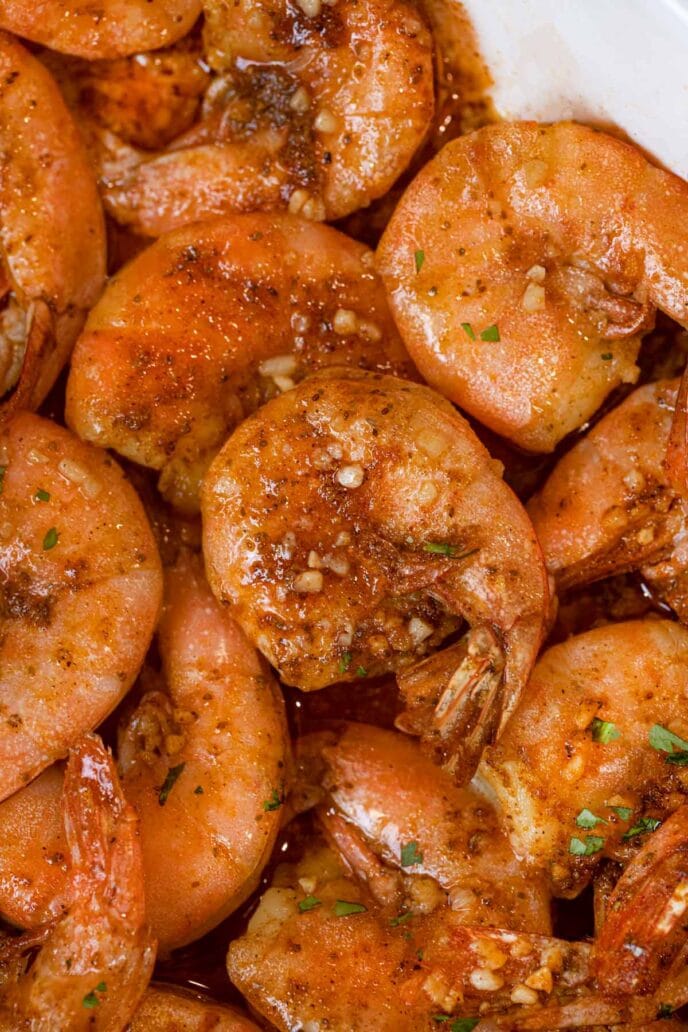 Old Bay Roasted Shrimp in baking dish, close up