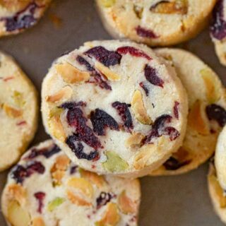 Pistachio Cranberry Shortbread Cookies on cookie sheet