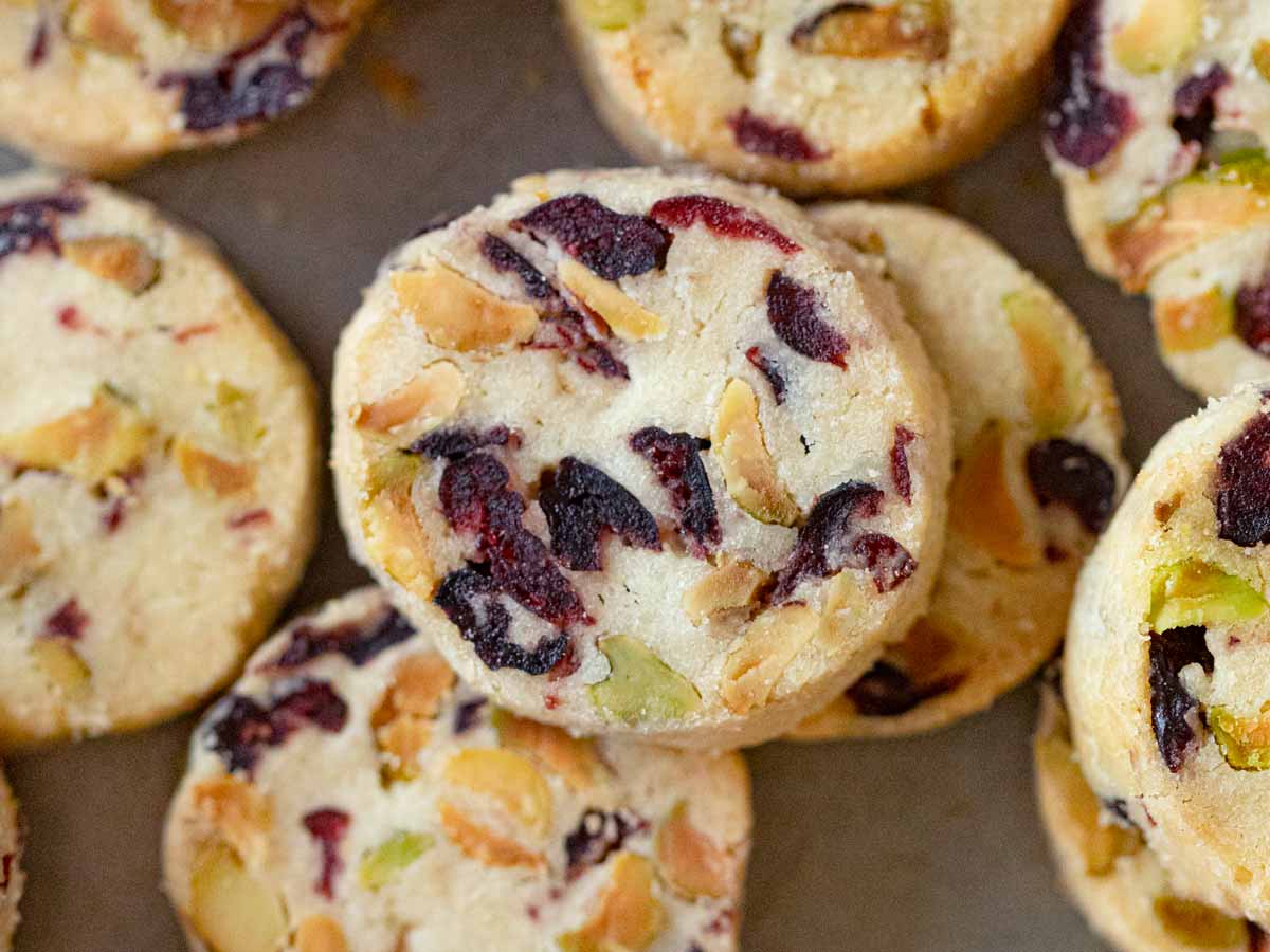 Pistachio Cranberry Shortbread Cookies on cookie sheet