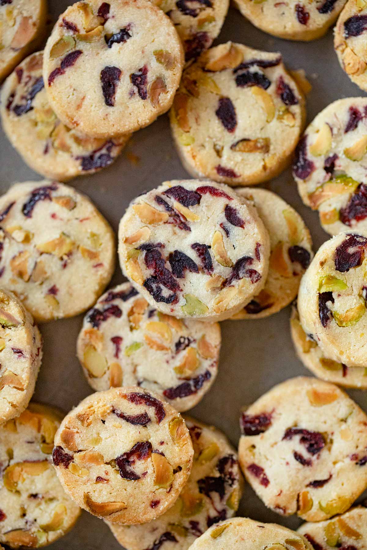 batch of Pistachio Cranberry Cookies top-down