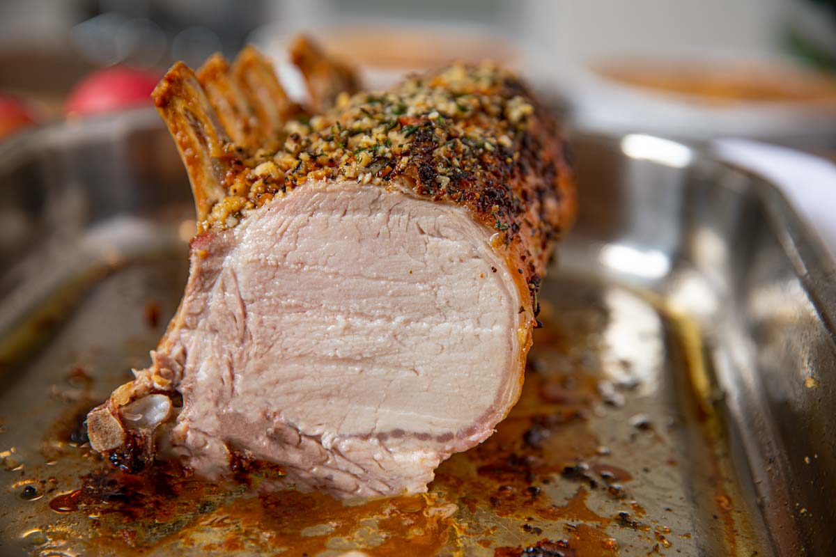 Roasted Rack of Pork sliced in half