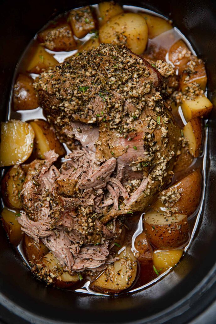 Slow Cooker Leg of Lamb with Potatoes and Garlic