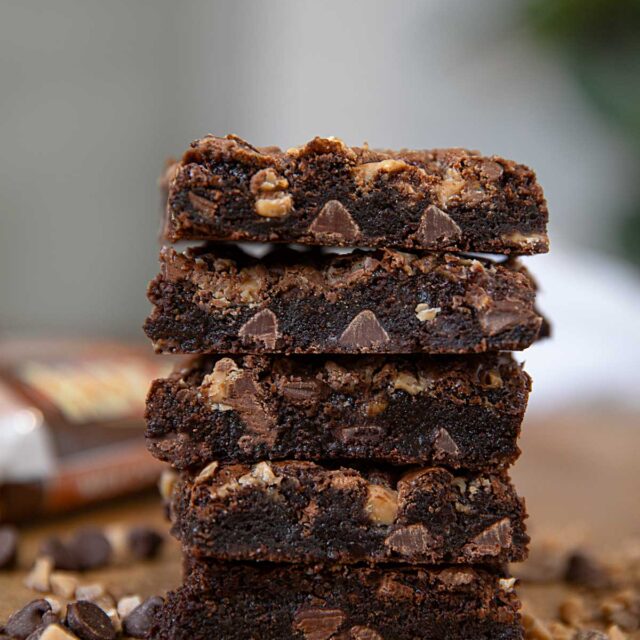 Toffee Chip Brownies in a stack