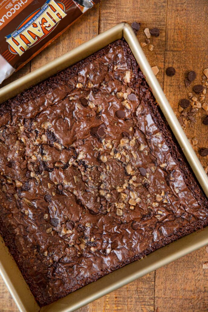 Toffee Chocolate Chip Brownies in baking pan