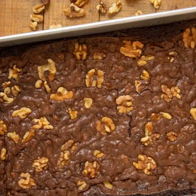 Brownies in baking dishing out of oven