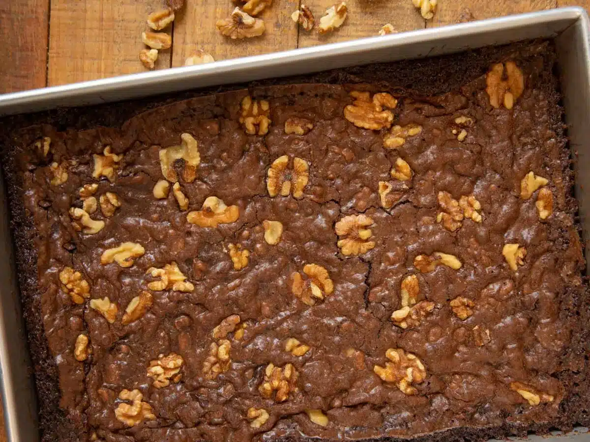 Brownies in baking dishing out of oven